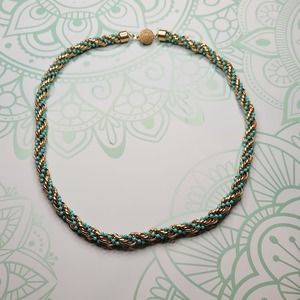 Vintage Signed Avon Twist Rope Style Gold-tone & Blue Bead Chain Necklace 1970s